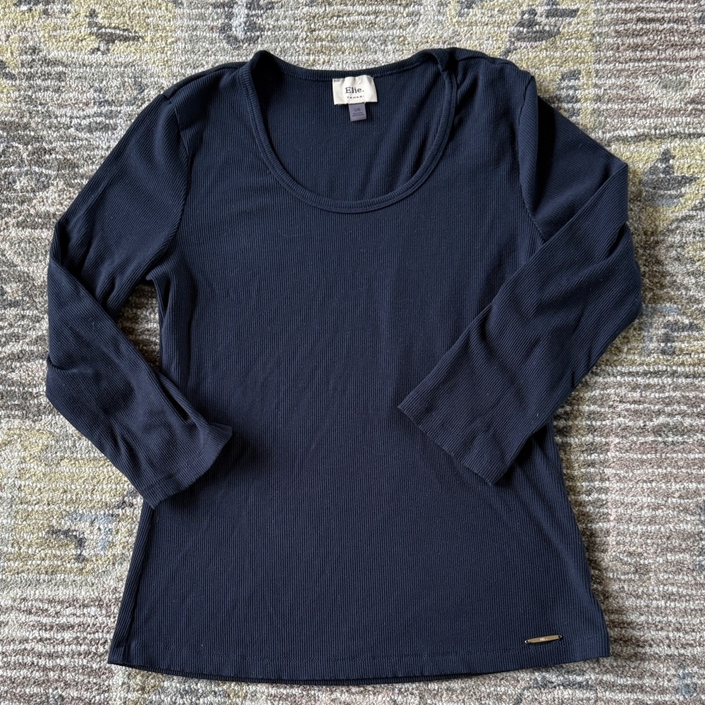 Elie Tahari Navy Scoop Neck 3/4 Sleeve Tee Large